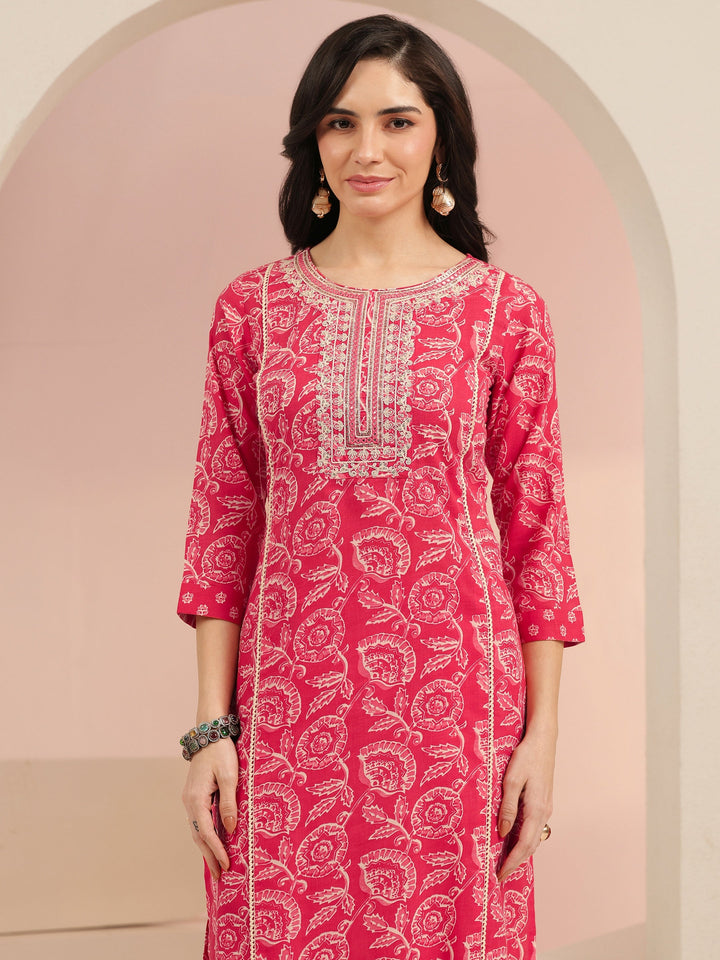 Libas Raspberry Red Floral Printed Cotton Straight Suit Set