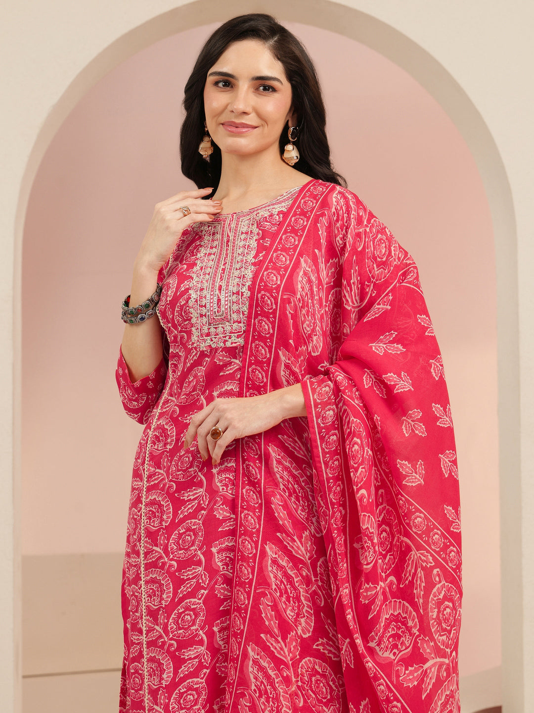 Libas Raspberry Red Floral Printed Cotton Straight Suit Set