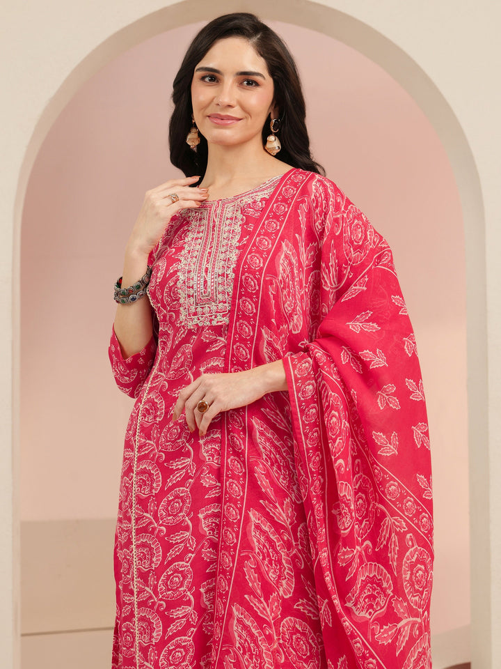 Libas Raspberry Red Floral Printed Cotton Straight Suit Set