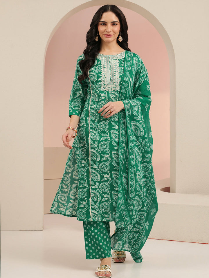 Libas Emerald Green Printed Cotton Straight Suit Set