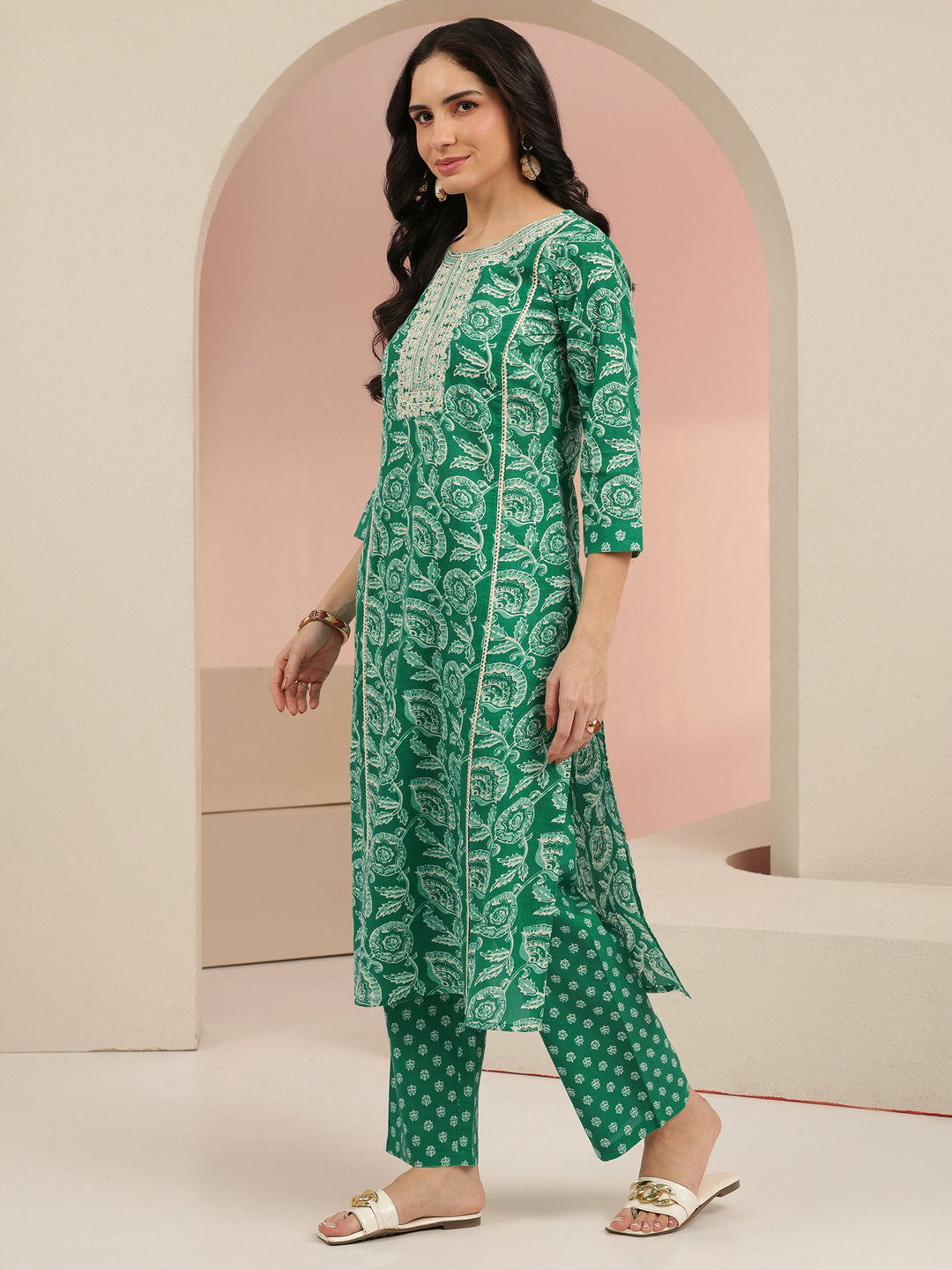 Libas Emerald Green Printed Cotton Straight Suit Set