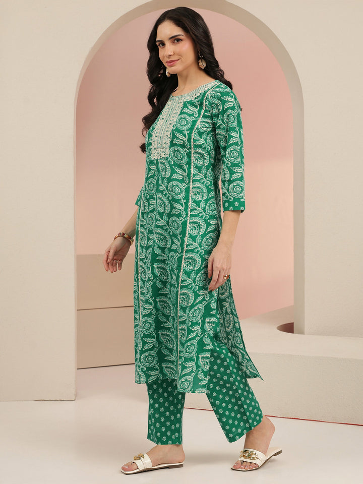 Libas Emerald Green Printed Cotton Straight Suit Set