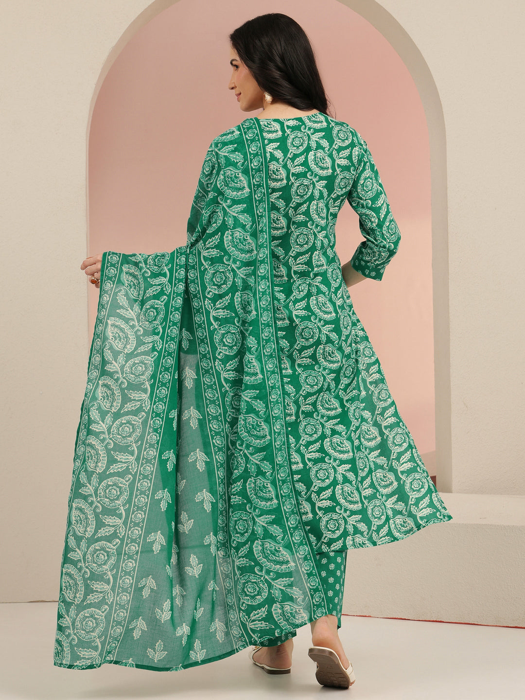 Libas Emerald Green Printed Cotton Straight Suit Set