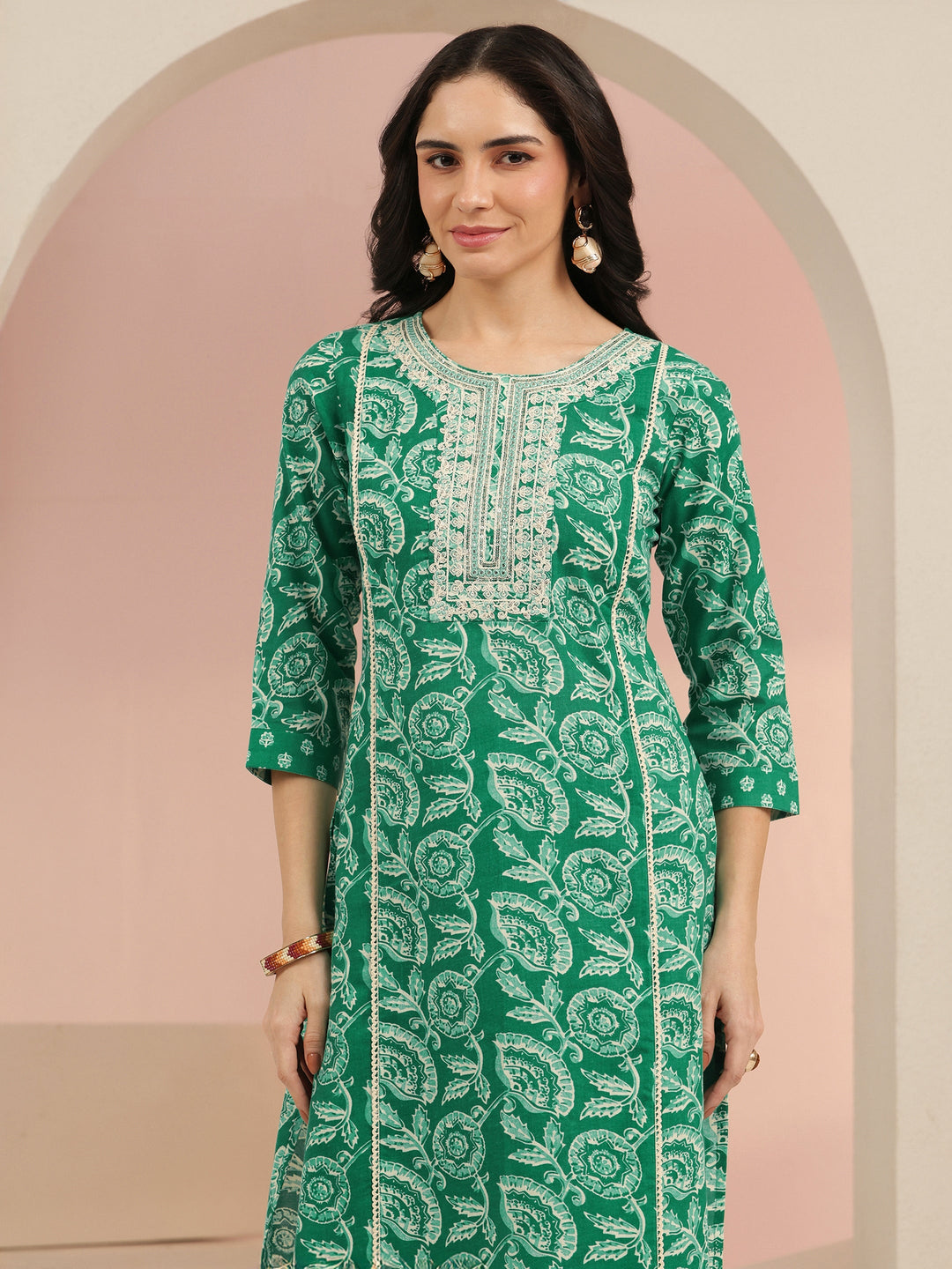 Libas Emerald Green Printed Cotton Straight Suit Set
