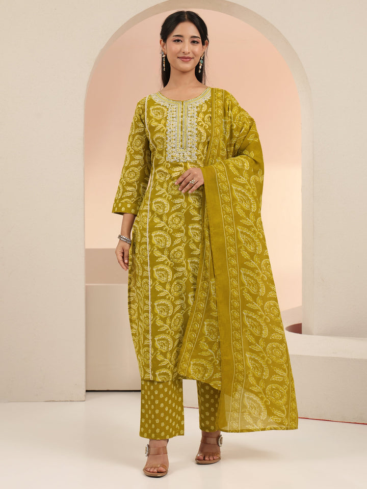 Libas Mustard Floral Printed Cotton Straight Suit Set