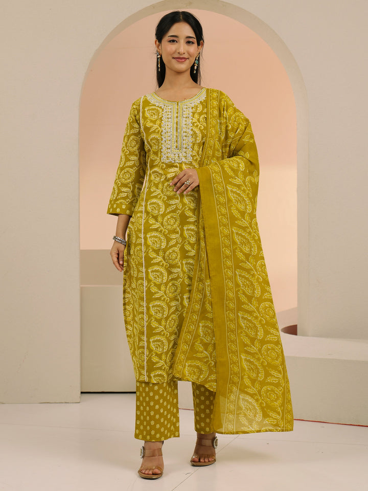Libas Mustard Floral Printed Cotton Straight Suit Set