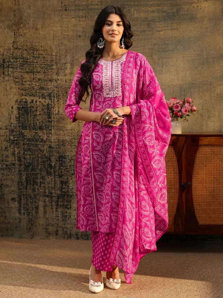 Libas Magenta Floral Printed Cotton Straight Suit Set