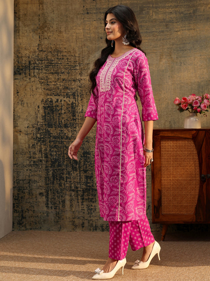 Libas Magenta Floral Printed Cotton Straight Suit Set