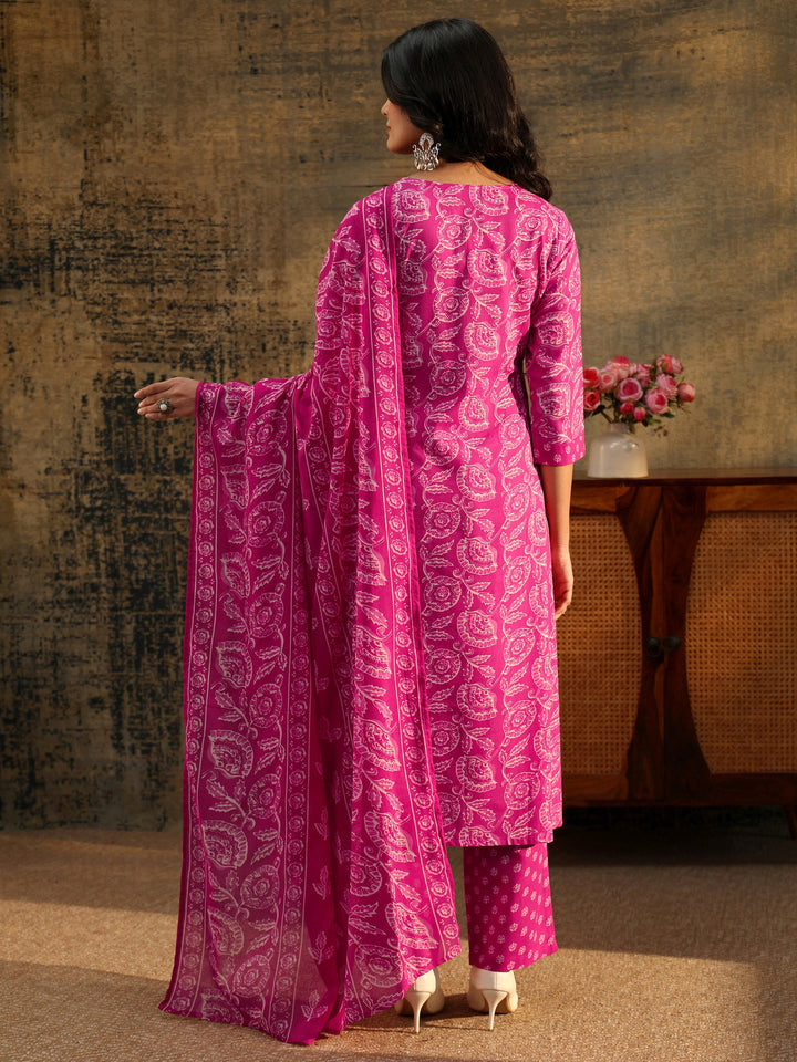 Libas Magenta Floral Printed Cotton Straight Suit Set