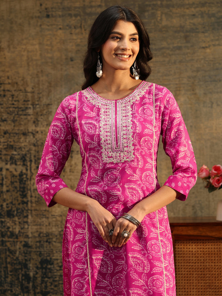 Libas Magenta Floral Printed Cotton Straight Suit Set