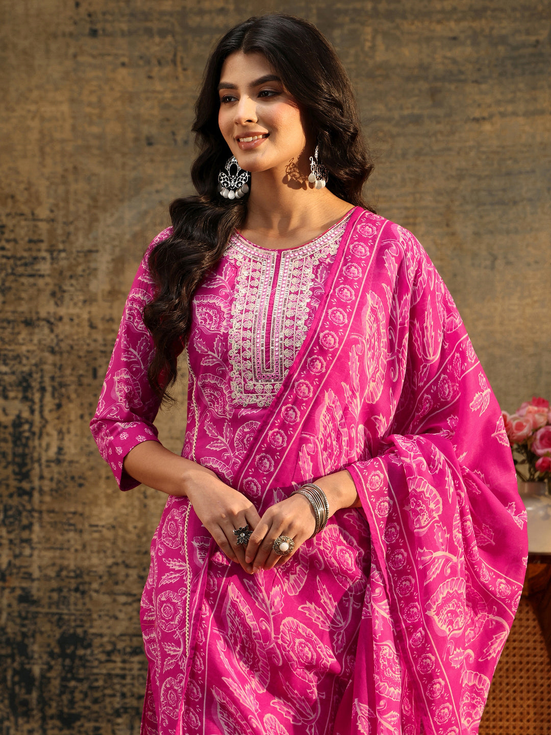 Libas Magenta Floral Printed Cotton Straight Suit Set