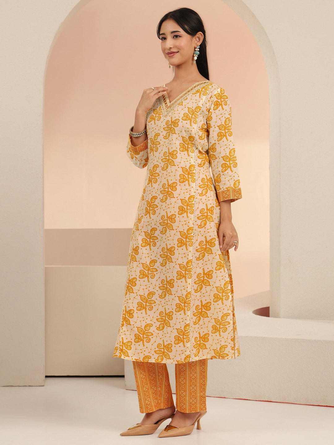 Libas Off White Floral Printed Cotton Straight Suit Set