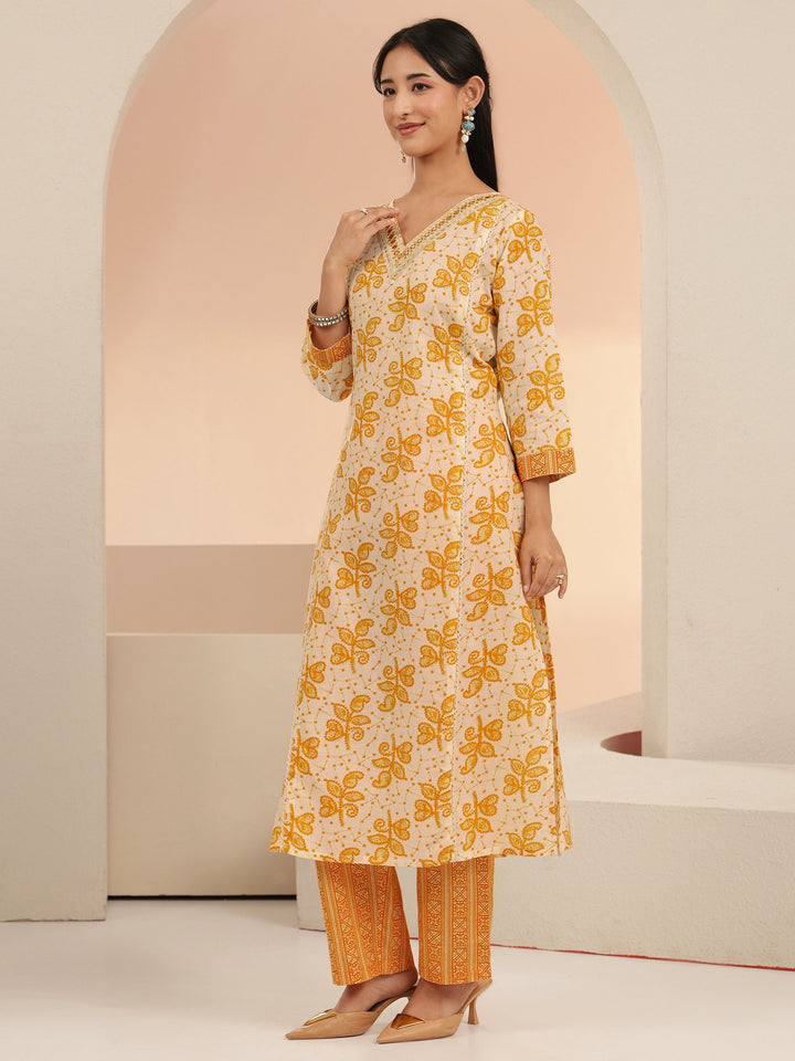 Libas Off White Floral Printed Cotton Straight Suit Set