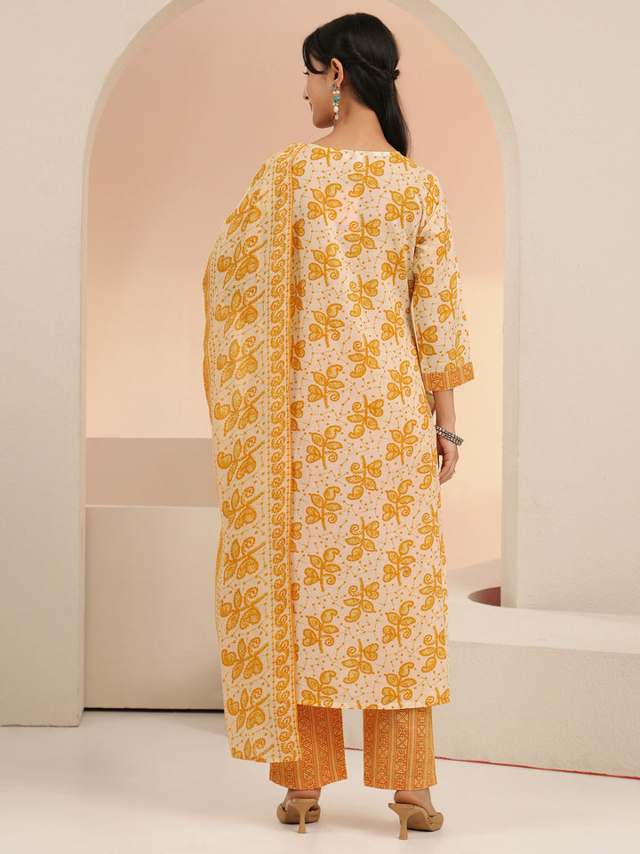 Libas Off White Floral Printed Cotton Straight Suit Set