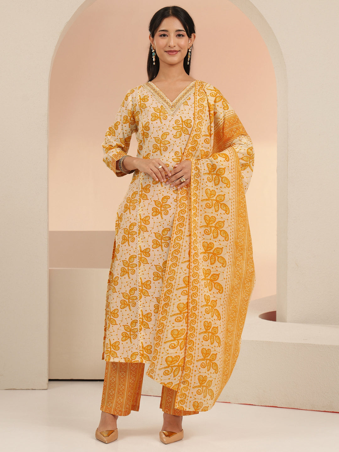 Libas Off White Floral Printed Cotton Straight Suit Set