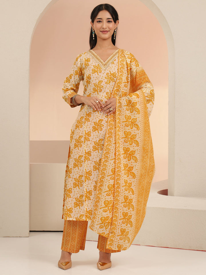 Libas Off White Floral Printed Cotton Straight Suit Set