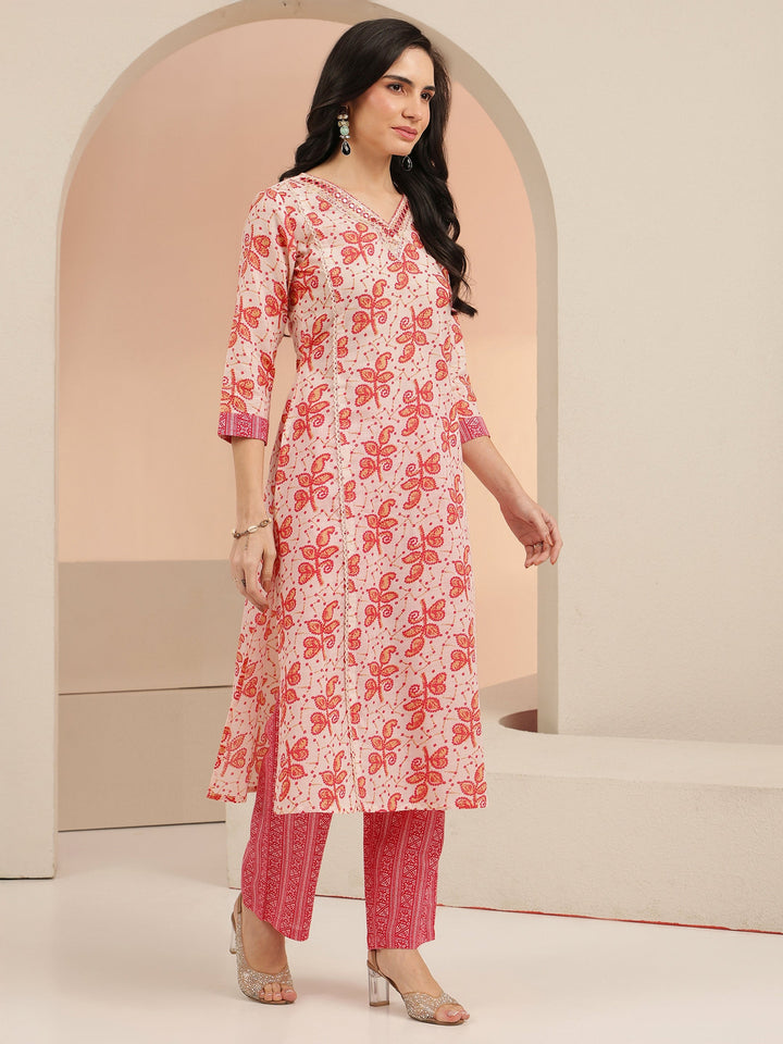 Libas Off White Floral Printed Cotton Straight Suit Set
