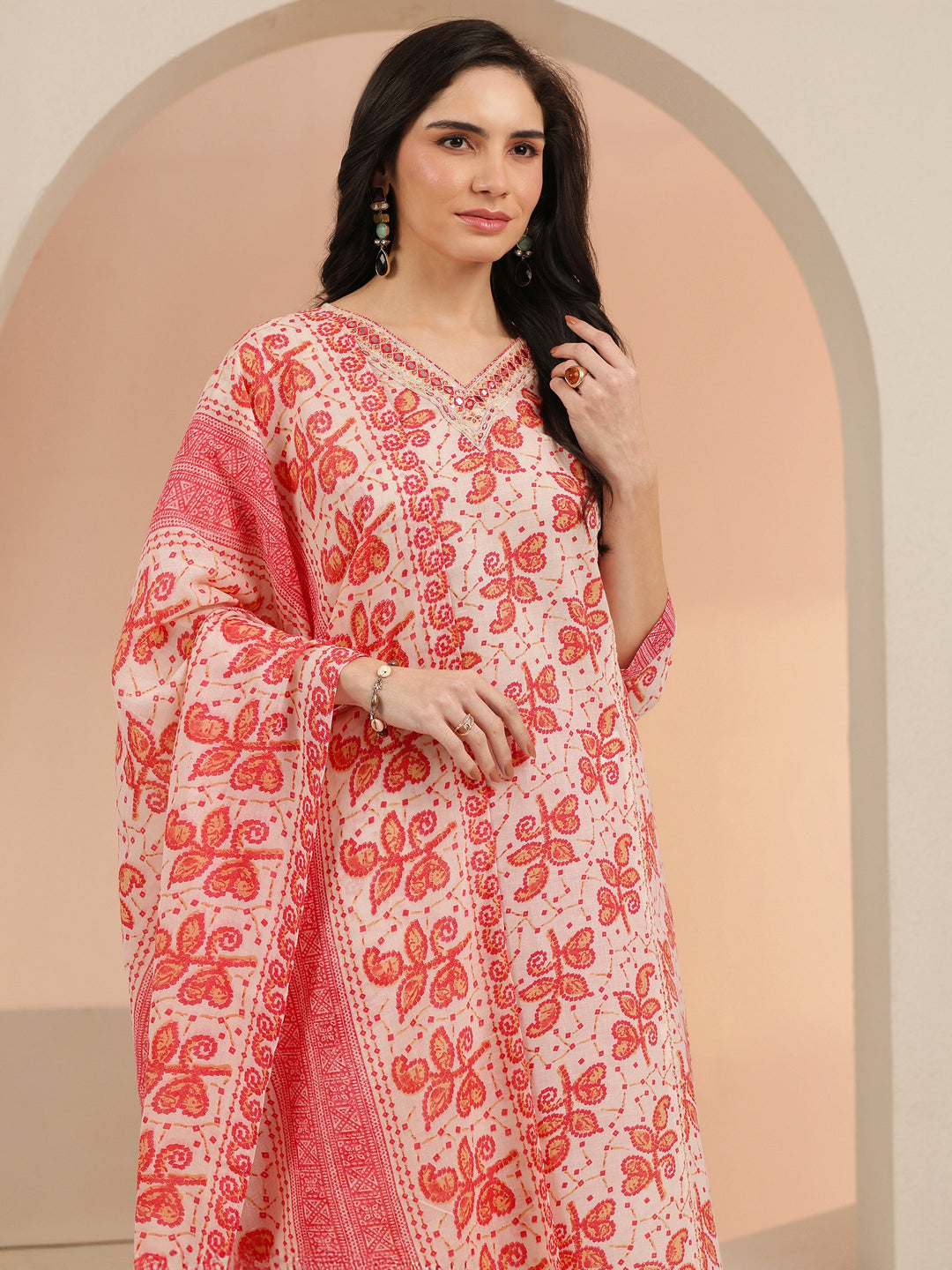 Libas Off White Floral Printed Cotton Straight Suit Set