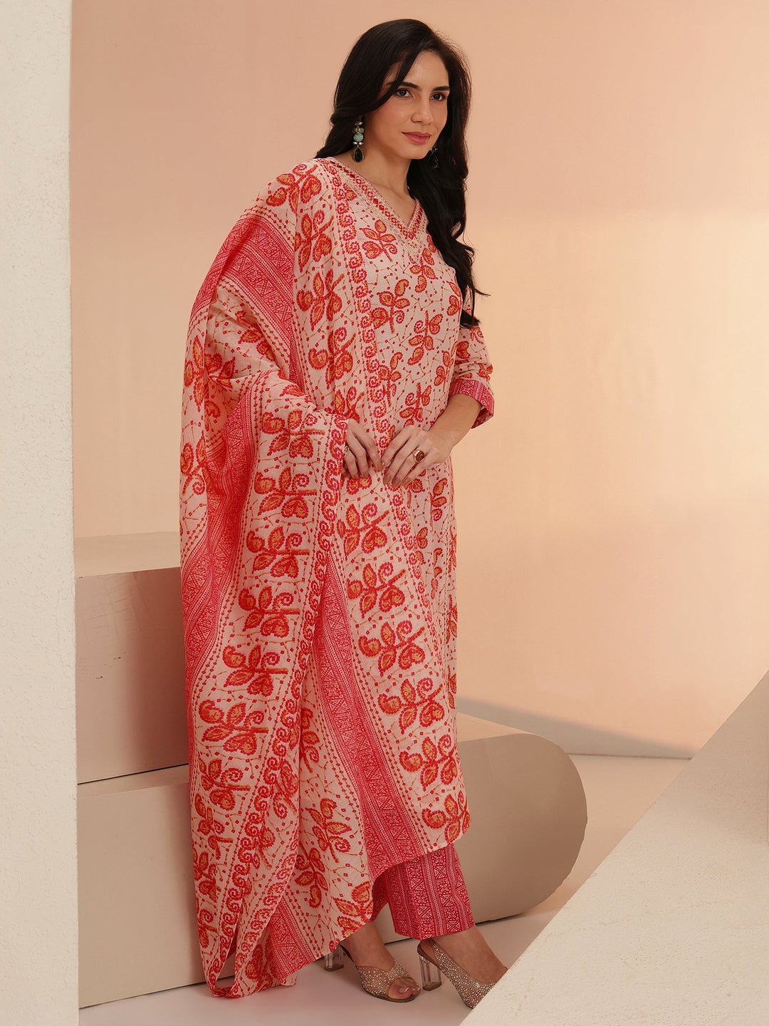 Libas Off White Floral Printed Cotton Straight Suit Set