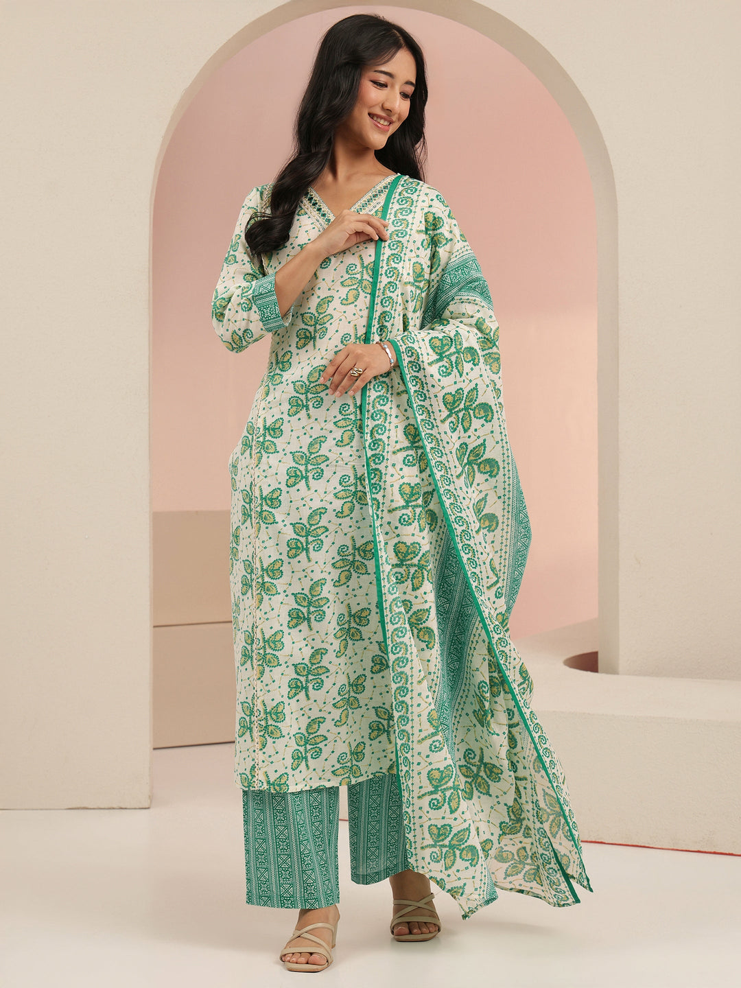 Libas Off White Floral Printed Cotton Straight Suit Set