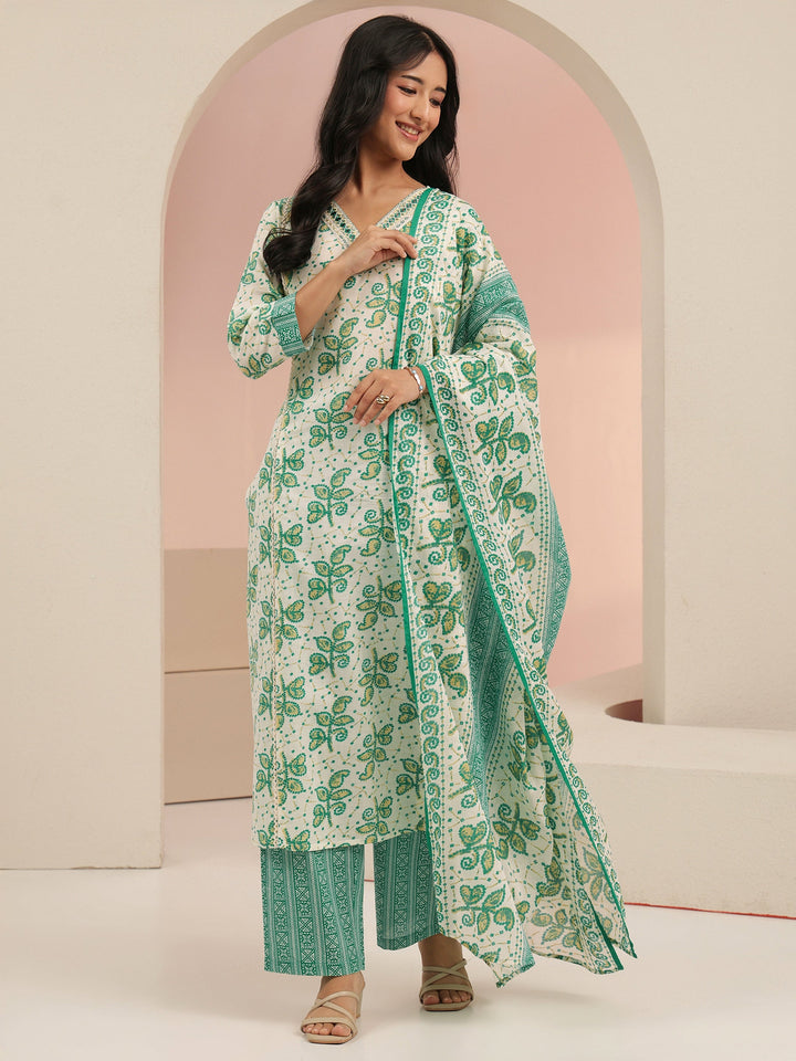 Libas Off White Floral Printed Cotton Straight Suit Set