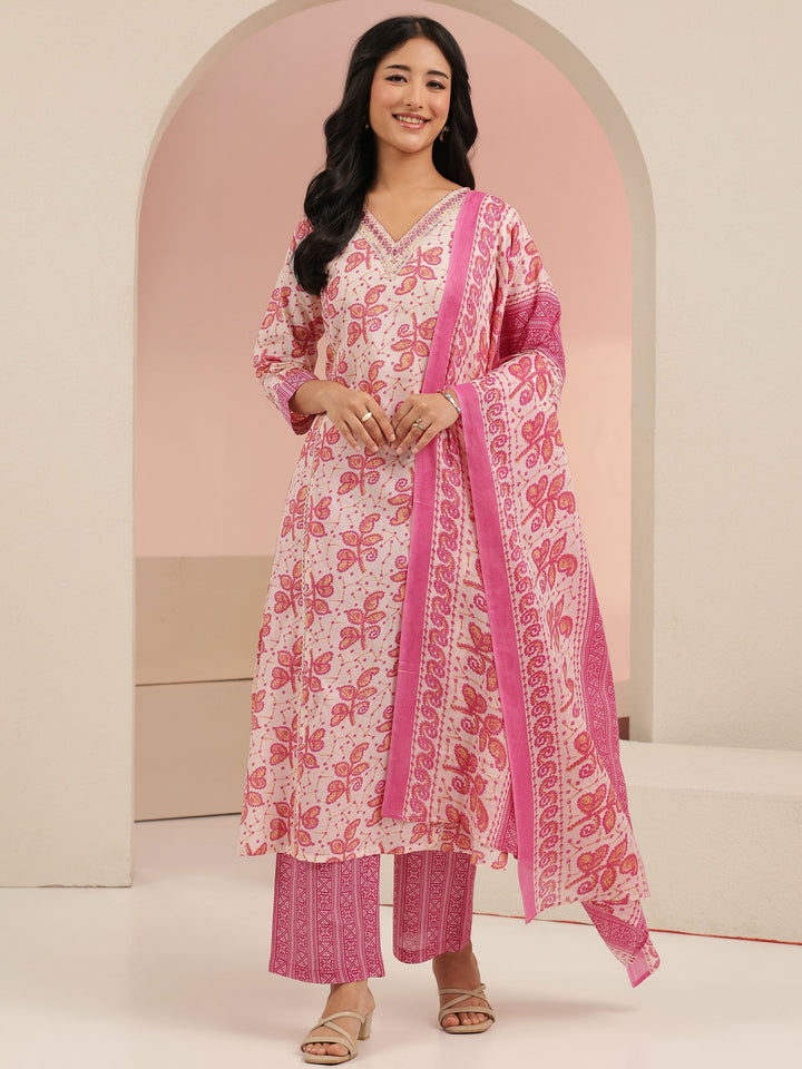 Libas Off White Floral Printed Cotton Straight Suit Set