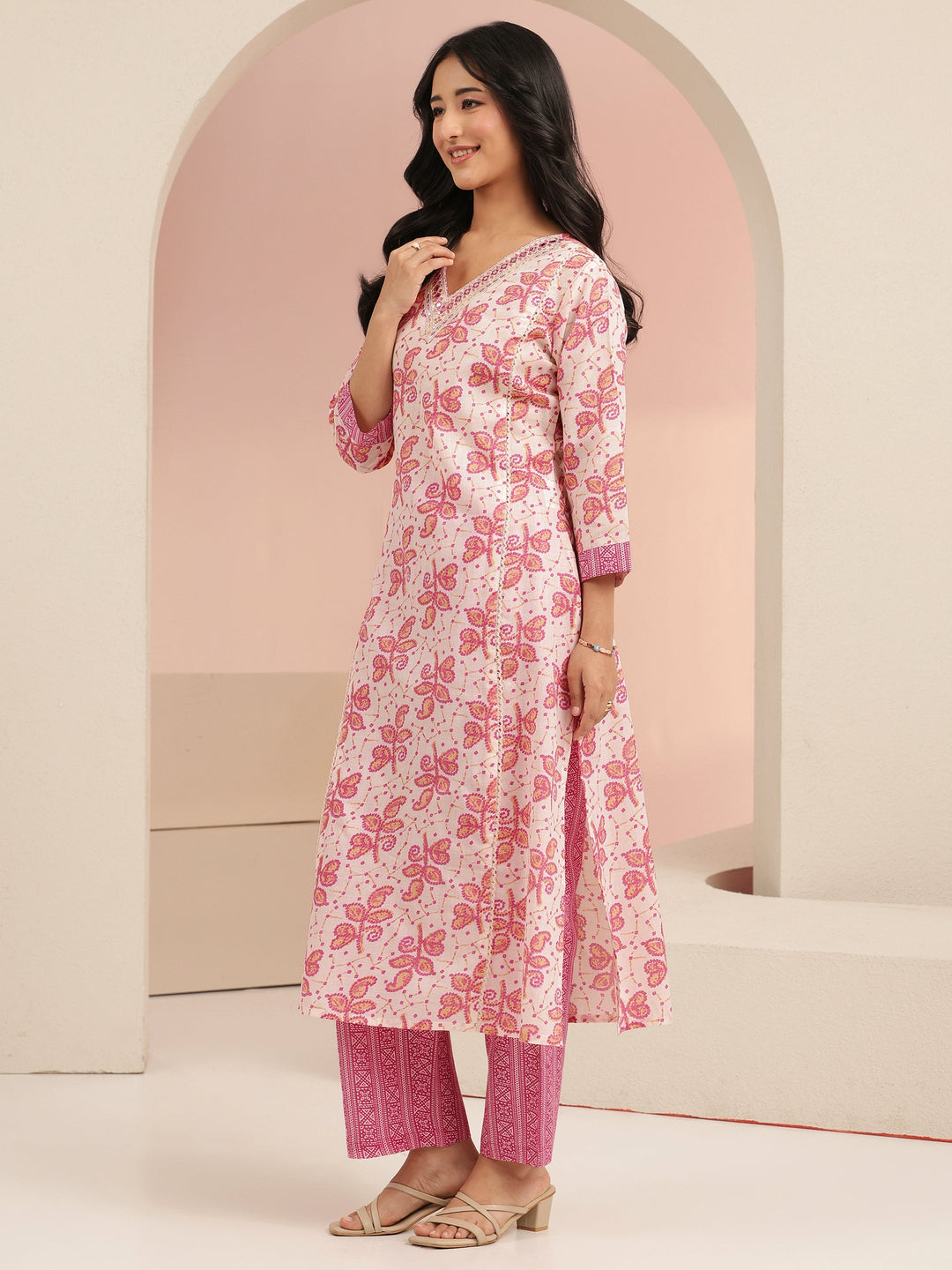 Libas Off White Floral Printed Cotton Straight Suit Set