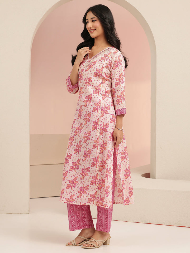 Libas Off White Floral Printed Cotton Straight Suit Set