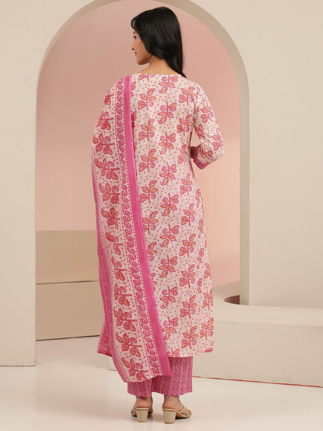 Libas Off White Floral Printed Cotton Straight Suit Set