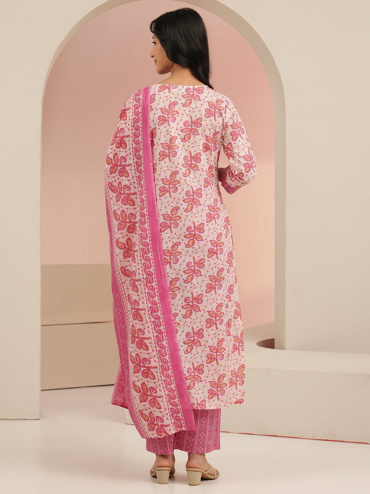 Libas Off White Floral Printed Cotton Straight Suit Set