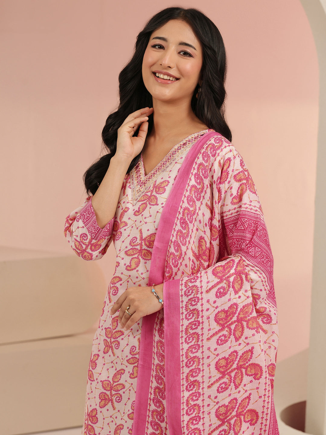 Libas Off White Floral Printed Cotton Straight Suit Set