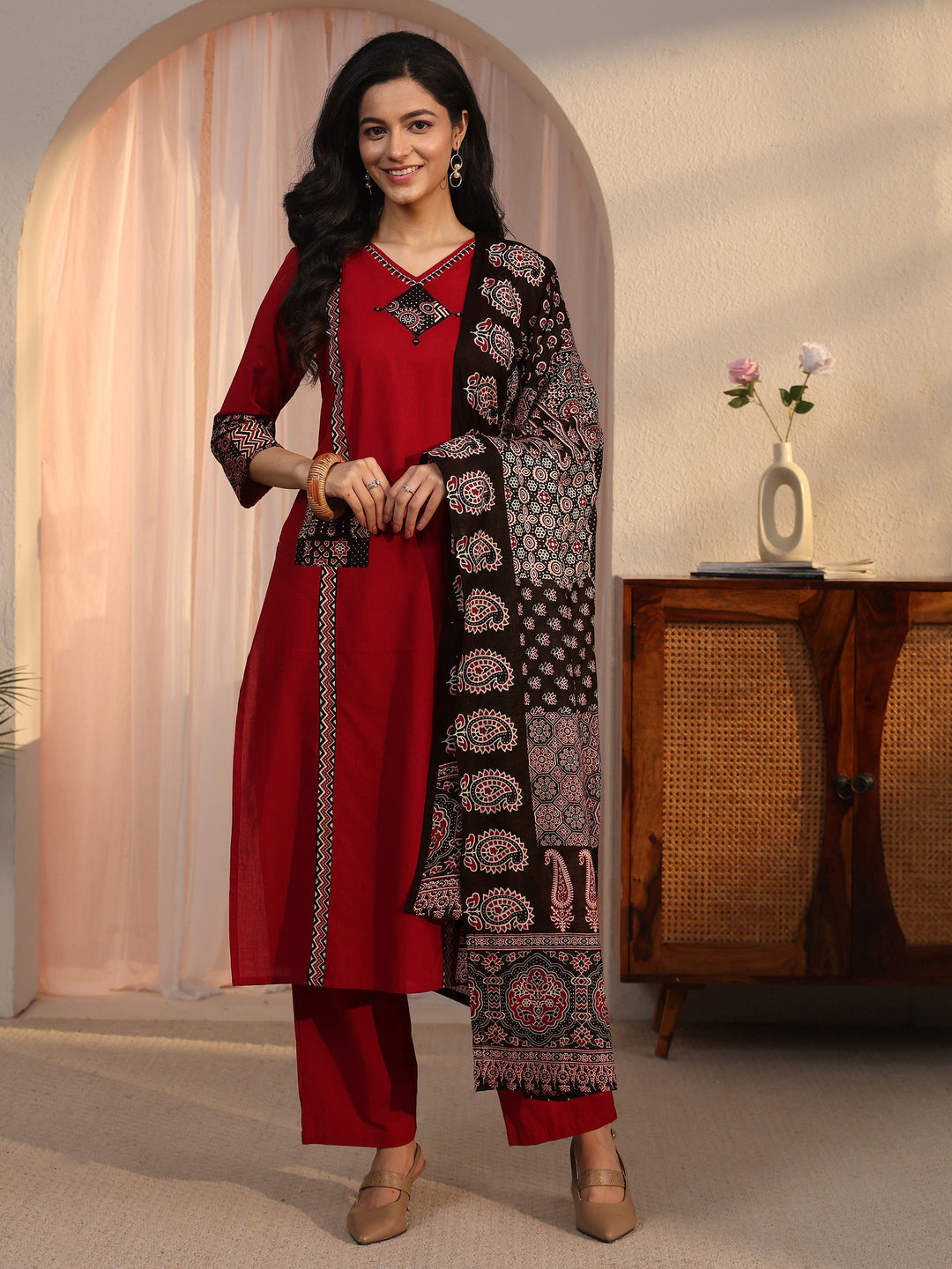 Libas Maroon Ajrakh Printed Cotton Straight Suit Set