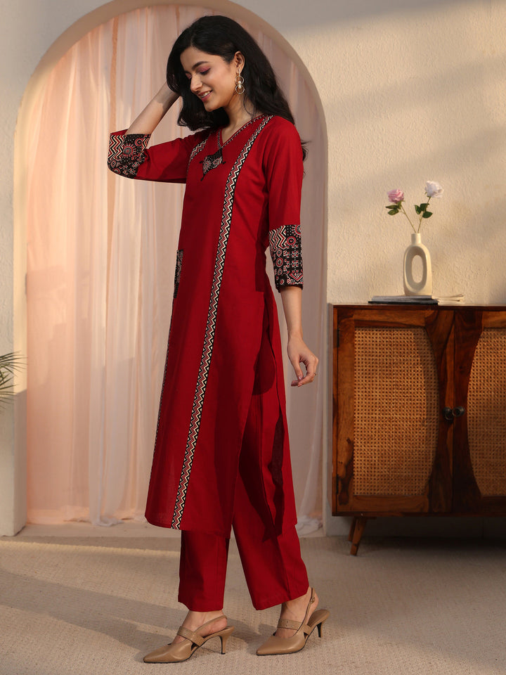 Libas Maroon Ajrakh Printed Cotton Straight Suit Set