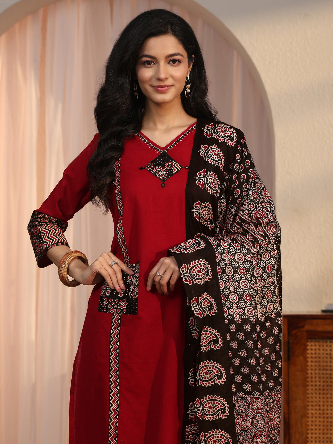 Libas Maroon Ajrakh Printed Cotton Straight Suit Set