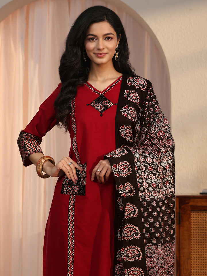 Libas Maroon Ajrakh Printed Cotton Straight Suit Set