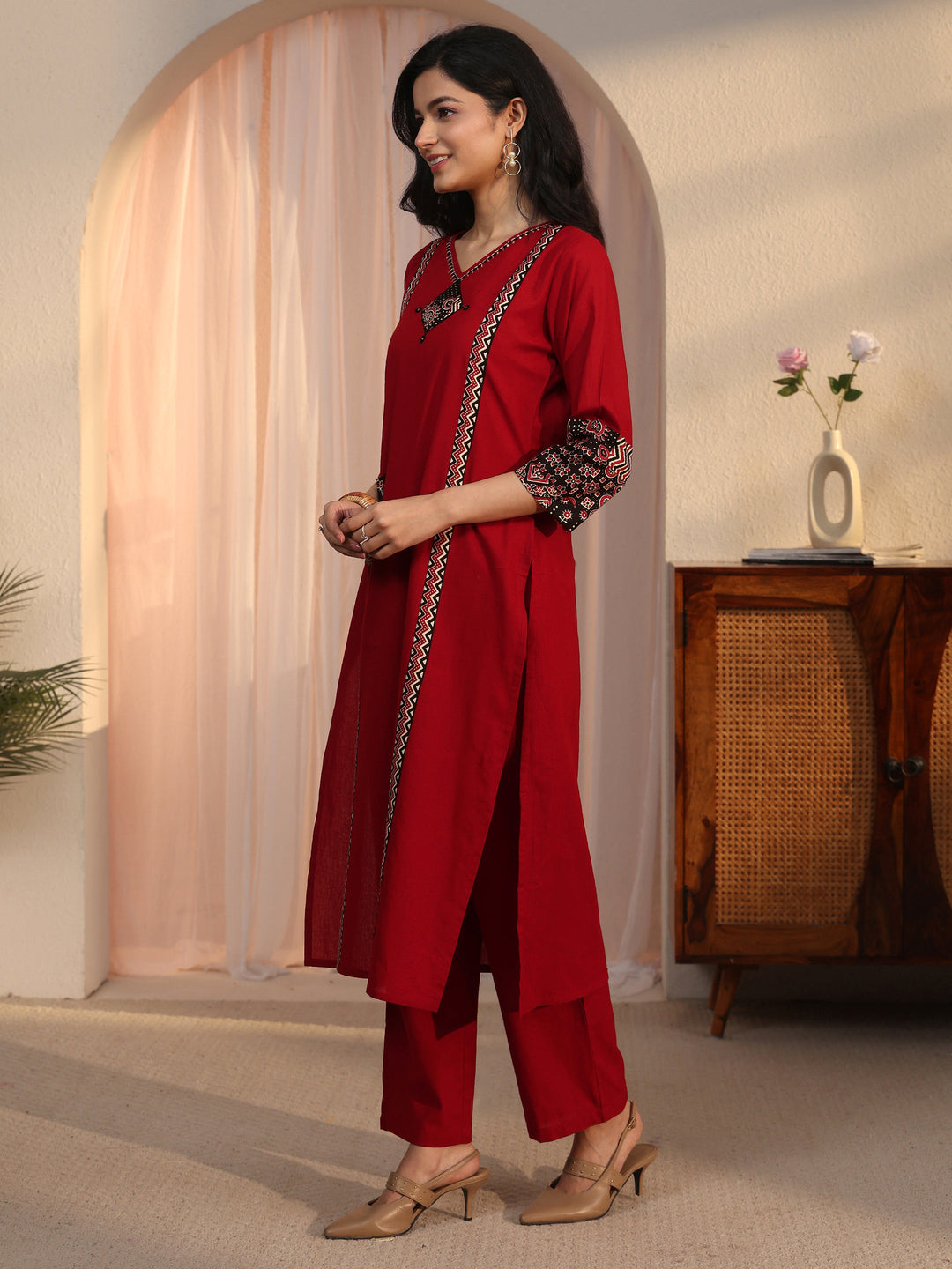 Libas Maroon Ajrakh Printed Cotton Straight Suit Set