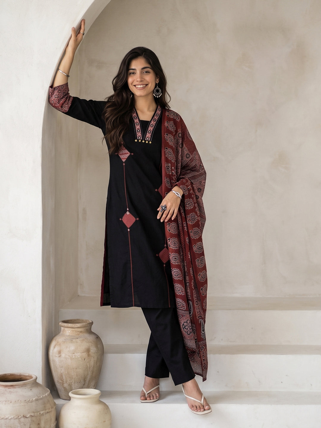 Libas Black Ajrakh Printed Cotton Straight Suit Set