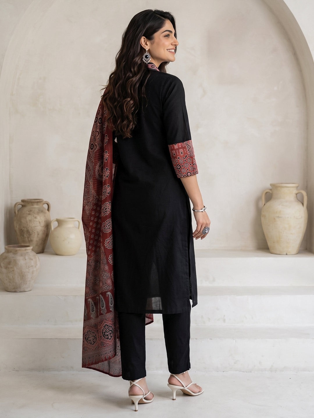 Libas Black Ajrakh Printed Cotton Straight Suit Set