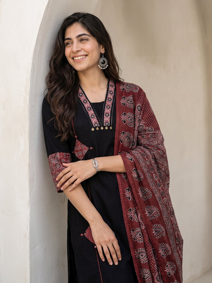 Libas Black Ajrakh Printed Cotton Straight Suit Set