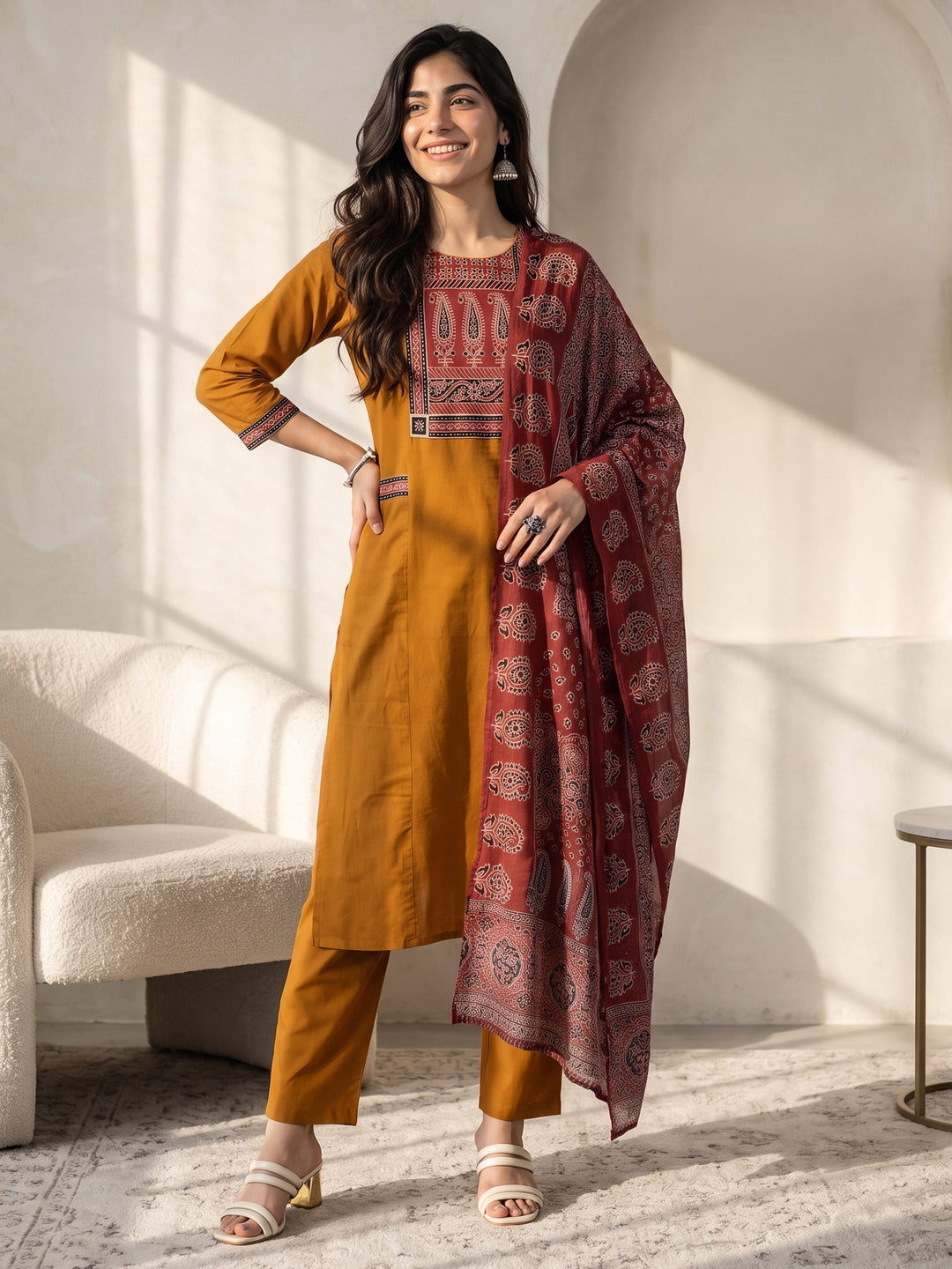 Libas Mustard Paisley Printed Cotton Straight Suit Set