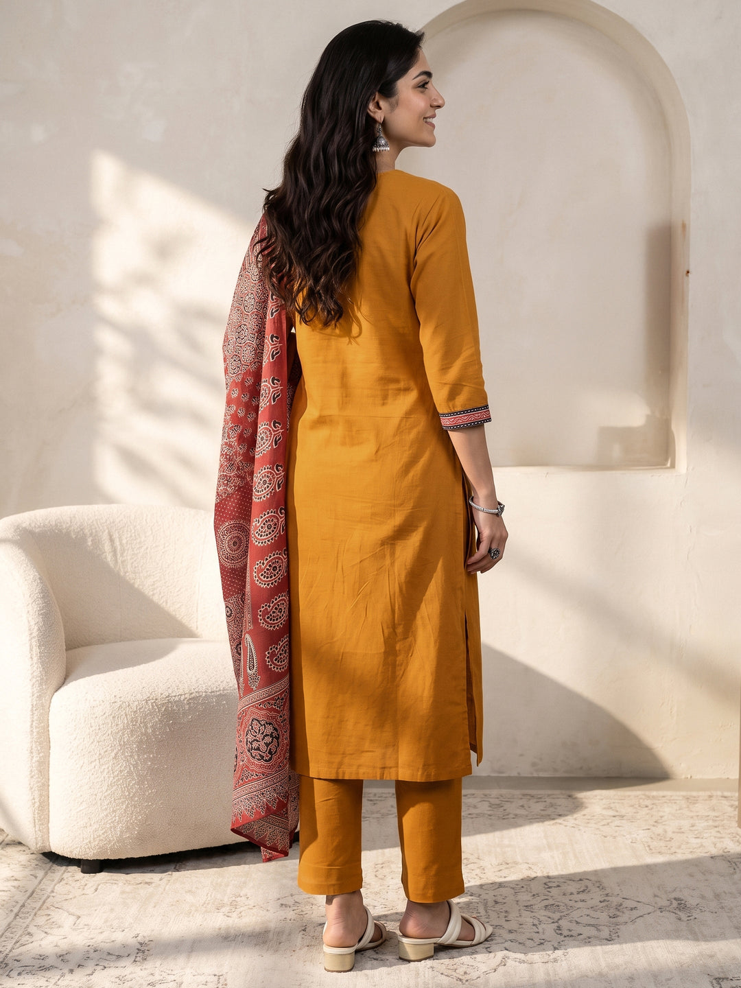 Libas Mustard Paisley Printed Cotton Straight Suit Set