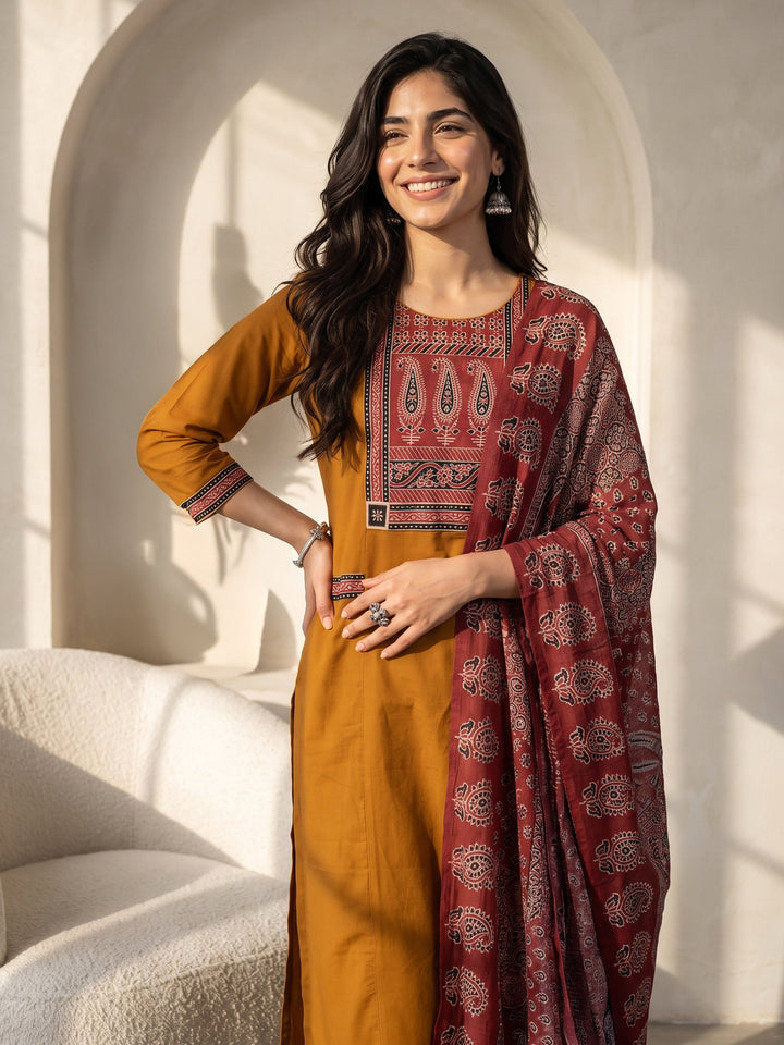 Libas Mustard Paisley Printed Cotton Straight Suit Set