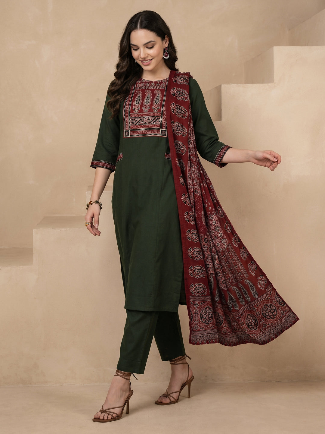 Libas Olive Green Yoke Design Ajrakh Cotton Straight Suit Set