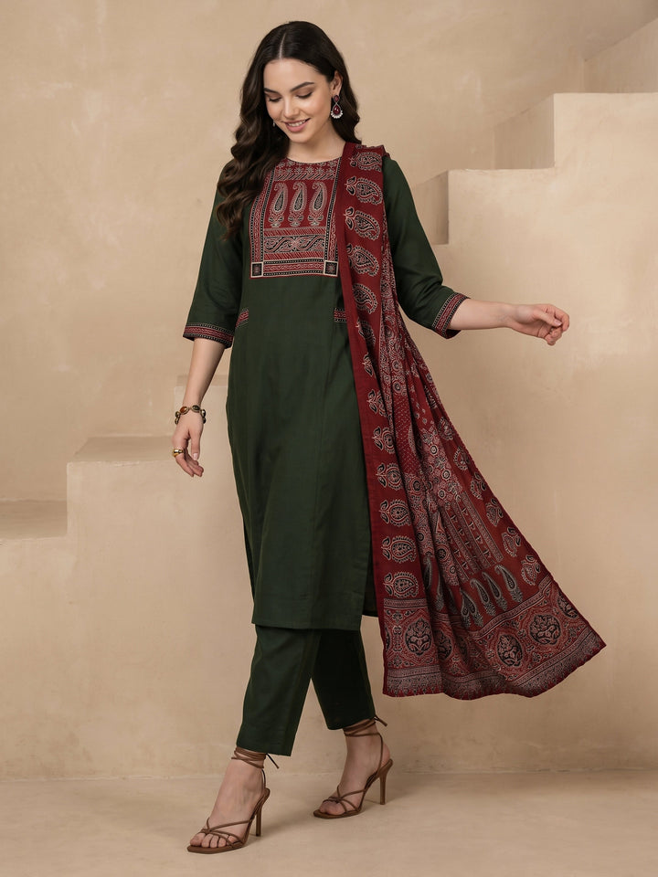 Libas Olive Green Yoke Design Ajrakh Cotton Straight Suit Set