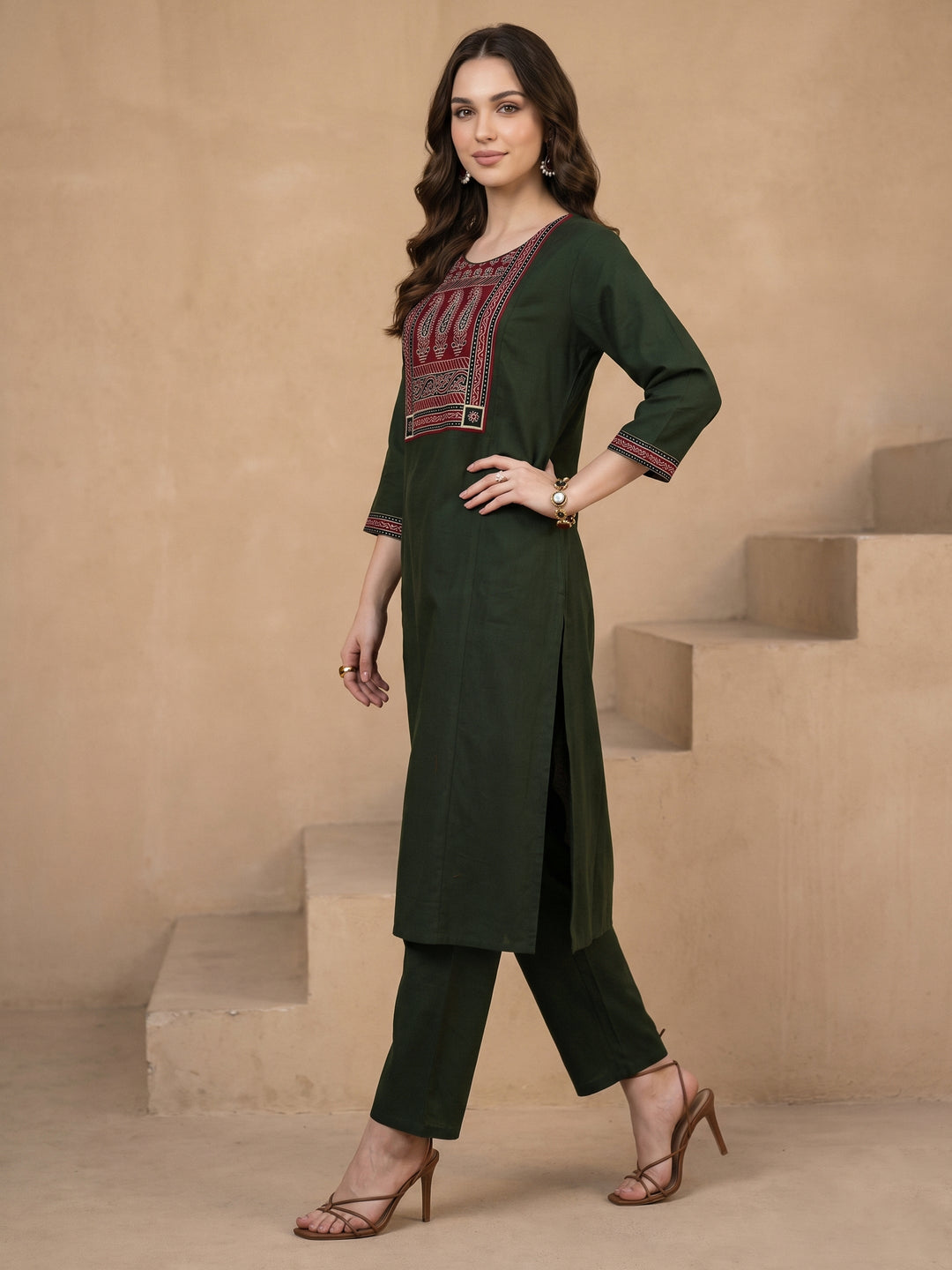 Libas Olive Green Yoke Design Ajrakh Cotton Straight Suit Set