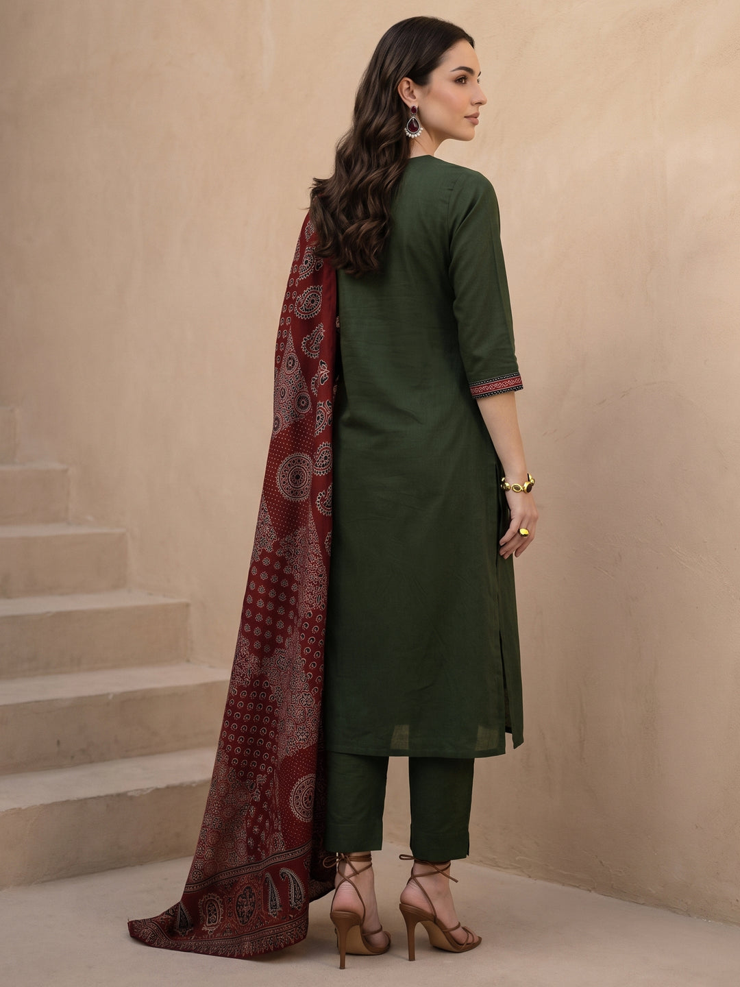 Libas Olive Green Yoke Design Ajrakh Cotton Straight Suit Set