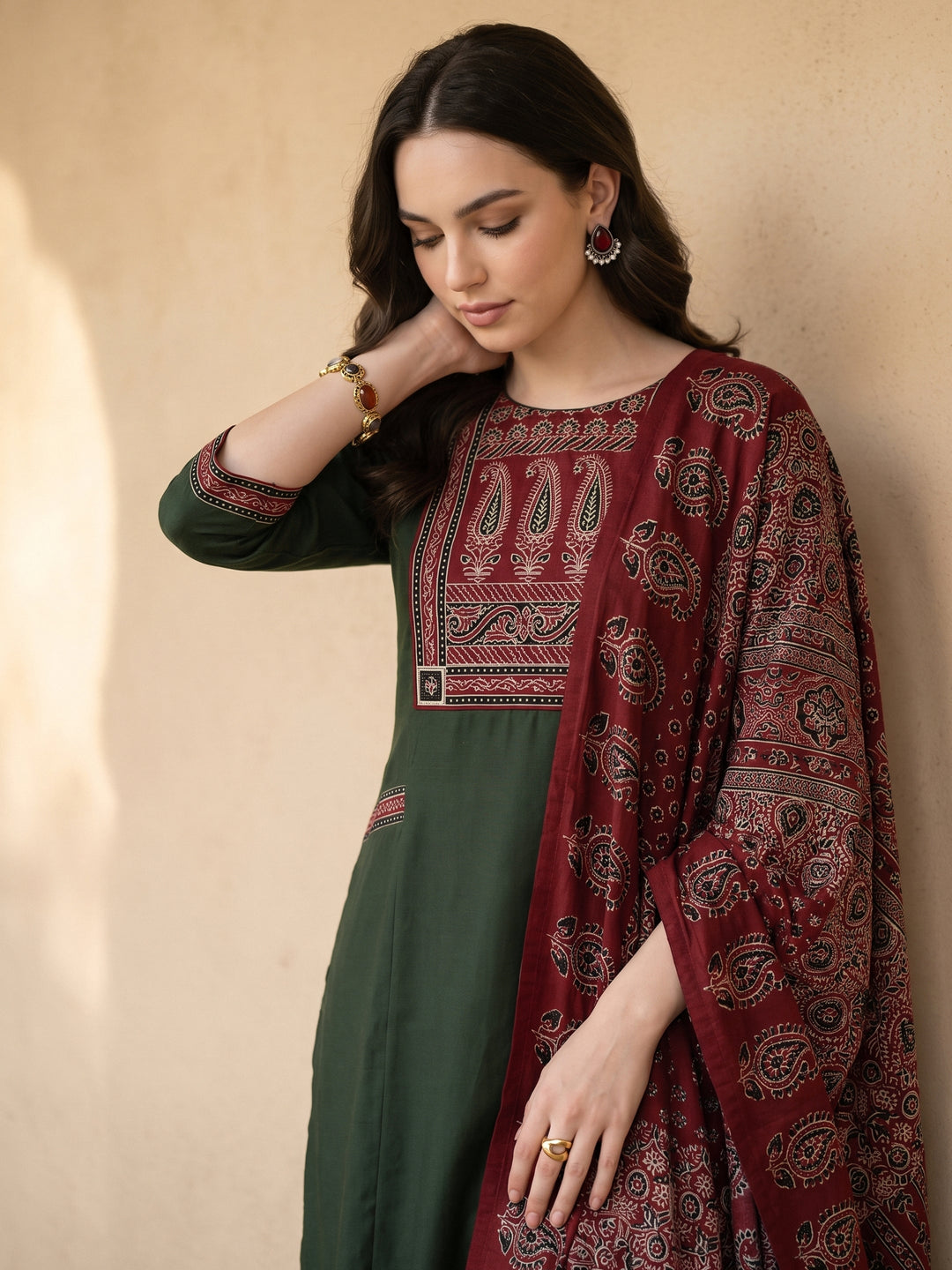 Libas Olive Green Yoke Design Ajrakh Cotton Straight Suit Set