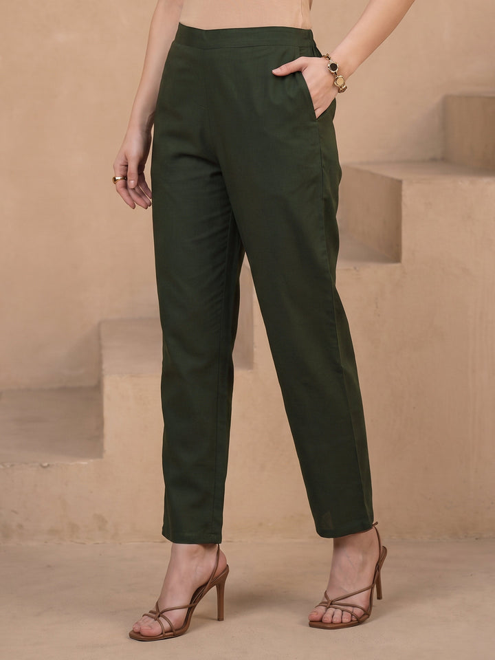 Libas Olive Green Yoke Design Ajrakh Cotton Straight Suit Set