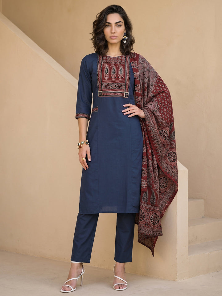 Libas Blue Yoke Design Ajrakh Cotton Straight Suit Set