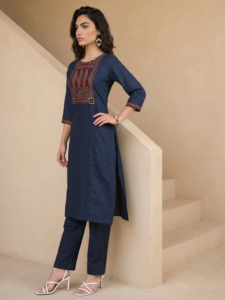 Libas Blue Yoke Design Ajrakh Cotton Straight Suit Set